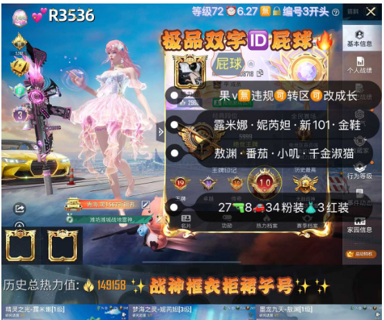 和平精英账号苹果微信【R3536】 极品双字ID屁球 苹果v无违规可转区可改成长 妮芮妲 露米娜 敖渊 火箭少女 金鞋 番茄 千金淑猫 小叽 奶龙 不知火舞 27枪5满8车34粉装 1红装