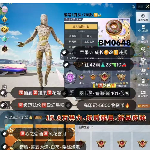 和平精英账号苹果微信BM0648   苹果v成长可改无违规可转区 3级图卡盟 红螳螂 新101 猪妹 放客 卤蛋头 小丑女 第五大道 樱桃泡泡 千金淑猫 天使小叽 星梦奇缘 小丑鱼 满级迈凯轮镭射紫满玛莎拉蒂幻