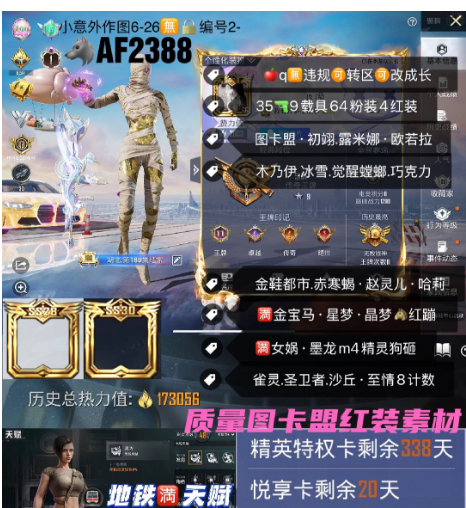 和平精英账号苹果QQ【AF2388】 ‼ 苹果q可改成长 素材号 图卡盟 初翊 露米娜 欧若拉 木乃伊 冰雪 觉醒螳螂 巧克力 金鞋都市 赤寒蝎 赵灵儿 哈莉 满金宝马 星梦 晶梦马红蹦 满女娲 墨龙m4精灵狗