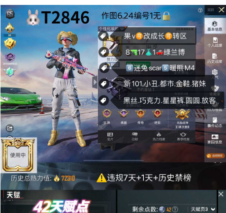 和平精英账号苹果微信【T2846】  苹果v可改  地铁42天赋点 新101 小丑 都市 金鞋 猪妹 黑丝 巧克力 星星裤 圆圆 放客 6童趣迷兔scar5暖熊M4 8枪159套装17粉 1车绿兰博