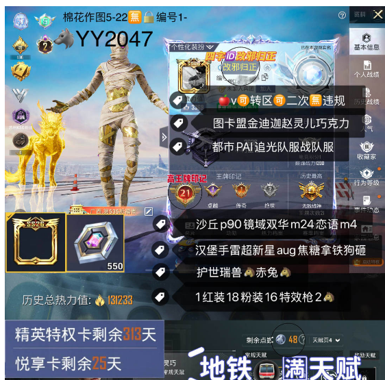 和平精英账号苹果微信四字ID改邪归正 ‼ 【YY2047】 ‼ 苹果v可改成长1战神框 550红装 地铁满天赋 图卡盟金迪迦赵灵儿巧克力 都市PAI 追光队服战队服 沙丘p99镜域双华m24 汉堡手雷  超新星
