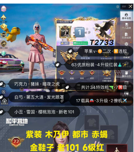 和平精英账号苹果微信编号T2733  苹果V 可二次 无违规 新老101 6级图卡盟 欧若拉 露米娜 4套红装 小丑 巧克力 雪国 木乃伊 都市 赤蝎 金鞋 猪妹 满级熔岩统帅AK 满级超新星M4 63粉4红 
