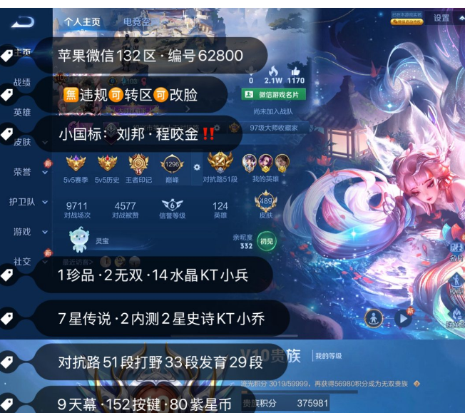 王者荣耀账号苹果VX 编号62800  果V可改，489皮，小国标:刘邦·程咬金，1珍品·2无双·14水晶KT小兵，7星传说·2内测2星史诗KT小乔，对抗路 51段打野 33 段发育29段，9天幕·152按键·