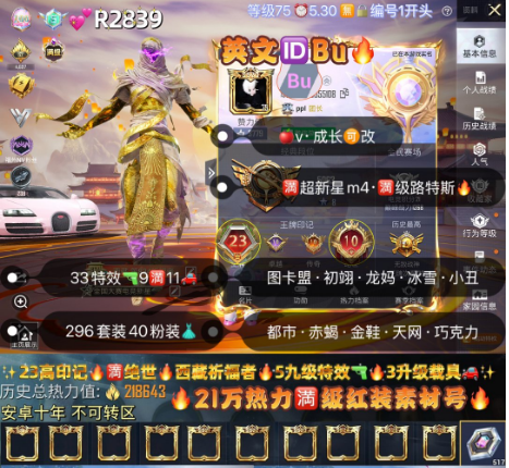 和平精英账号苹果微信【R2839】满级红装IDBu 苹果v成长可改 图卡盟 欧若拉 初翊 龙妈 云鸾 巧克力小丑 都市 赤蝎 金鞋 冰雪 天网 放客 33枪9满11车40粉装 5红装满金蛇镇世scar满级路特斯