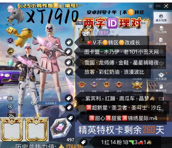 和平精英账号苹果微信两字ID 理对 【XT1910】 ‼ 苹果V-可改成长 地铁满天赋 图卡盟 木乃伊 老101 小丑 天网 雪国 龙师傅 金鞋 星星裤 暗夜 放客 彩虹奶油 浪漫波比 紫宾利 红蹦 南瓜车 晶