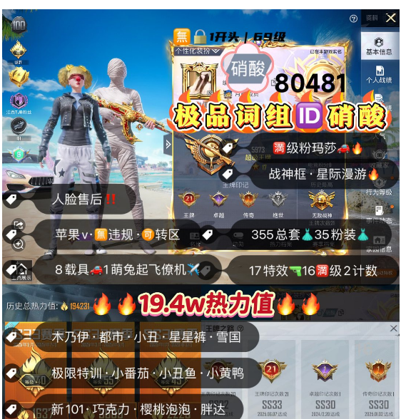 和平精英账号苹果微信 编号80481 果V售后，词组ID硝酸，战神框，21印记，木乃伊，星星裤，都市，小丑，雪国，新101，巧克力，飞龙，洛天依，满级玛莎，金玛莎，满级盖世，满级平天，17特16满2计数5淘汰，