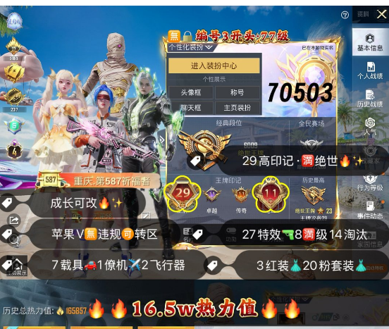 和平精英账号苹果微信 编号70503  果V可改，29印记，满绝世，4级图卡盟，露米娜，维塔，木乃伊，巡查，新101，第五大道，洛天依，小白龙，树人，满级迈凯伦，5级路特斯，红蹦蹦，晶梦灵驹，金玛莎，7载具1僚