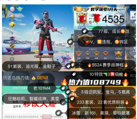 和平精英账号苹果微信编号4535，   苹果V，成长可改，可转区 SS24赛季战神框，77级 S1套装，金鞋子，都市猎人，追光服，冰雪，新101，第五大道，智耀战神，狂魅哈莉，放客神游，稻草人，洛天依，旋转彩虹