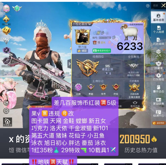 和平精英账号苹果微信【6233】 /v区 极品单字ID：饾 地铁满天赋 图卡盟 天网 金鞋 螳螂 新丑女 巧克力 洛天依 千金淑猫 新101 第五大道 猪妹 花仙子 小丑鱼 泳衣 旭日初心 胖达 番茄 泳衣 星