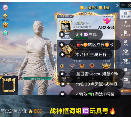 和平精英账号苹果微信词组ID白鹤 成长可改  【AR3863】 苹果V 战神框 木乃伊 金属狂野 圣卫者vector 如意98k 4特效 1淘汰1粉装