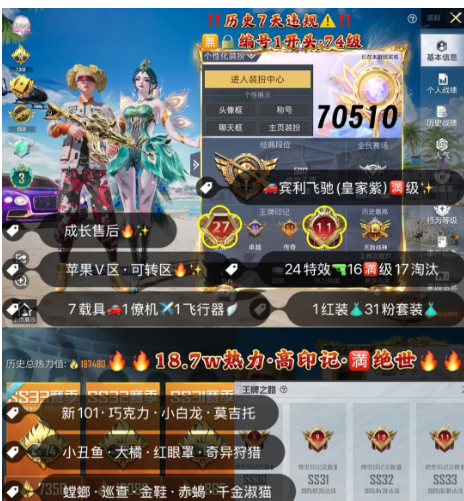 和平精英账号苹果微信 编号70510  果V售后，27印记，满绝世，3级初翊，觉醒，巡查，金鞋子，新101，赤蝎，巧克力，狂魔小丑，小白龙，飞龙，满级飞驰，星梦玉骢，金蛇镇世，最终圣卫者，精灵之光，24特16满