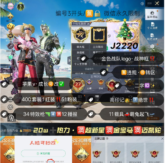 和平精英账号苹果微信编号J2220   苹果V区.可转区可改成长  金标.高印.高KD.高热力.23级  2级维塔.S1赛事.红螳螂.雪国.都市 哈莉.甜心姐妹.白勺.猪妹.放客.五大道 甜梦小狐.甜