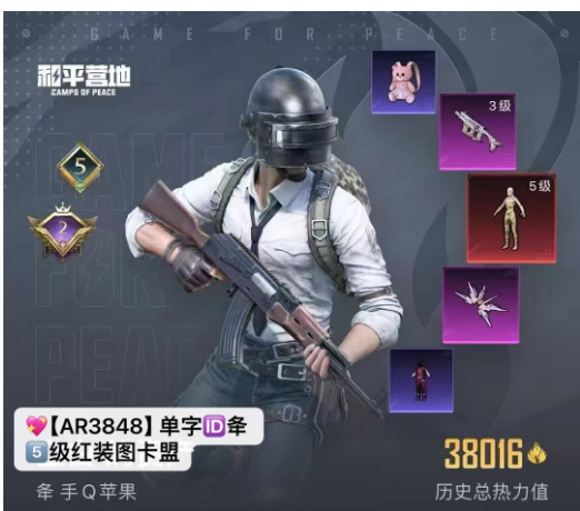 和平精英账号苹果QQ单字ID夅    5级图卡盟  【AR3848】苹果q 1红3粉 8特 1载具  战队服 红装累抽150次  粉熊  圣卫者 沙丘p90 628红装 107夺宝