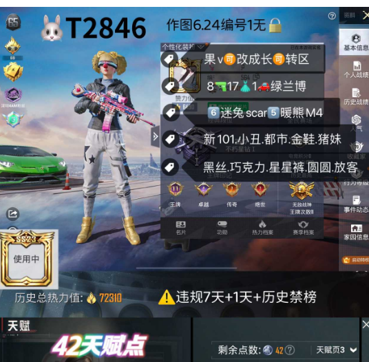 和平精英账号苹果微信【T2846】   苹果v可改  地铁42天赋点 新101 小丑 都市 金鞋 猪妹 黑丝 巧克力 星星裤 圆圆 放客 6童趣迷兔scar5暖熊M4 8枪159套装17粉 1车兰博