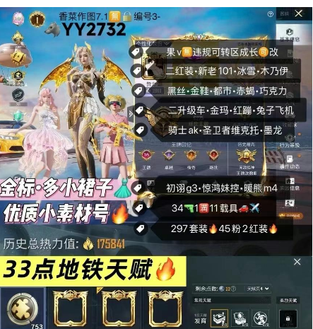 和平精英账号苹果微信附带753夺宝 33点地铁天赋 【YY2732】 苹果v 成长可改•多裙子•小素材号  龙妈 妮芮妲 新老101 冰雪 巧克力 黑丝 小丑 金鞋 都市 赤蝎 追光 木乃伊 金宝马 迈凯轮塞纳