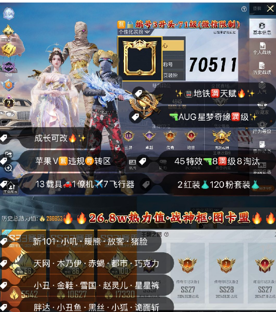 和平精英账号苹果微信 编号70511 果V可改，地铁满天赋，2级图卡盟，云鸾，天网，木乃伊，赤蝎，都市，小丑，金鞋子，星星裤，新101，雪国，赵灵儿，巧克力，小叽，放客，猪妹，灵感，第五大道，小白龙，奶龙，白勺