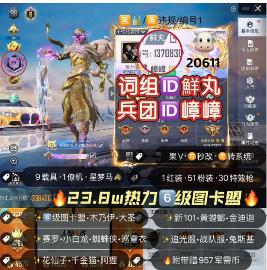 和平精英账号苹果微信编号Y20611  果v 词组ID鮮丸 兵团ID嶂嶂  6级红装23.8万+高热力 高印记 粉丝标 图卡盟 绝世收藏家 木乃伊 新101 黄螳螂 金迪迦 金鞋子 初号机 白龙 追光 兔斯基 