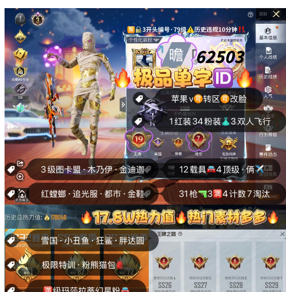 和平精英账号苹果微信 编号62503  果V可改，单字ID曕，满地铁天赋，19印记，战神框，3级图卡盟，木乃伊，金迪迦，螳螂，追光，都市，金鞋子，雪国，新101，放客，洛天依，飞龙，狂沙，满级玛莎，红蹦蹦，金玛
