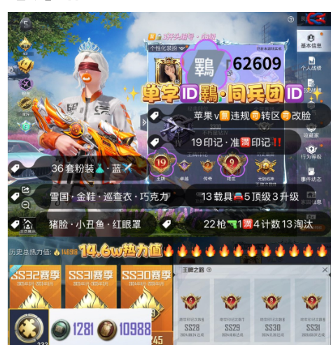 和平精英账号苹果微信 编号62609 果V可改，单字ID鸅 ，战神框，满绝世，19印记，雪国，巡查，新101，金鞋子，洛天依，巧克力，猪妹，狂沙，双4级玛莎，路特斯，金玛莎，红蹦蹦，星梦玉骢，满级至情至圣，玉魂