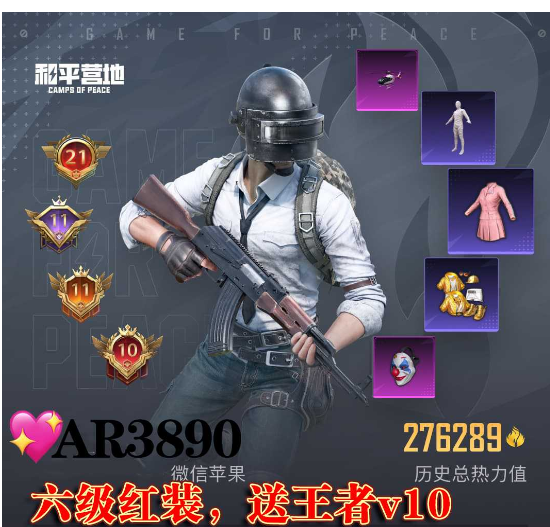 和平精英账号苹果微信6级红装 新老101 质量枪车  【AR3890】苹果v 成长可改 战神框满绝世 已满 1车币 1.8k碎片 连体王者v10 露米娜 图卡盟 塞卢姆 木乃伊  熬渊 螳螂 小丑 金鞋 哈莉 