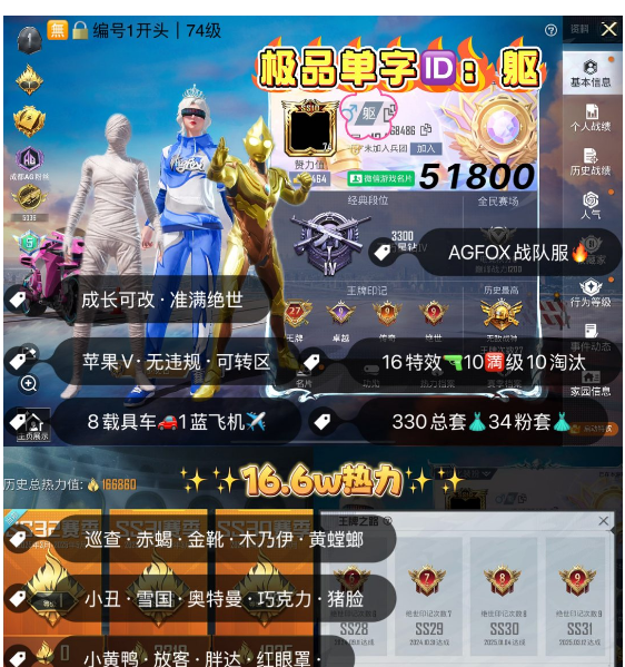 和平精英账号苹果微信 编号51800 果V可改，单字ID躯，地铁满天赋，满绝世，27高印记，战神框，Agfox战队服，巡查，金鞋子，木乃伊，螳螂，小丑，金迪迦，雪国，新101，巧克力，猪妹，放客，小白龙，赤蝎，
