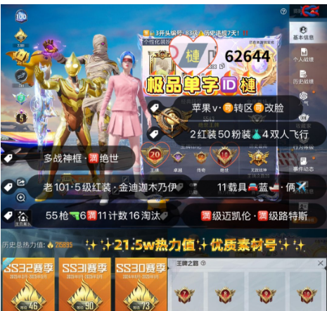 和平精英账号苹果微信 编号62644 果V可改，单字ID槤，地铁面天赋，战神框，满绝世，5级图卡盟，关公，新老101，金迪迦，木乃伊，螳螂，猪妹，白勺，洛天依，奶龙，满级迈凯伦，满级路特斯，红蹦蹦，瑞兽，金玛莎