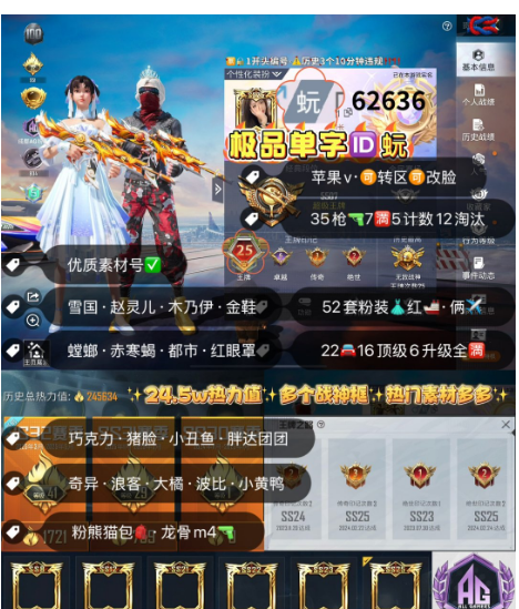 和平精英账号苹果微信 【真简体】编号62636 果V可改，单字ID蚖，25高印记，战神框，雪国，赵灵儿，木乃伊，三色螳螂，赤寒蝎，都市，金鞋子，新101，巧克力，猪妹，放客，洛天依，满级迈凯伦，3满级玛莎，双满