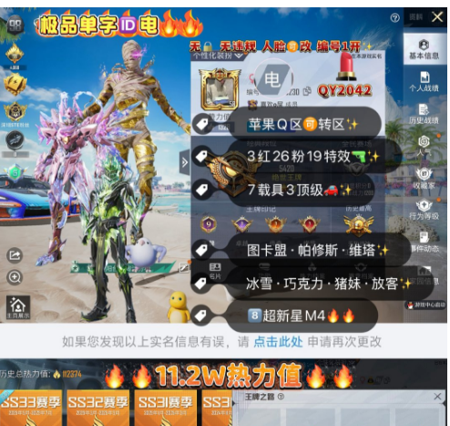 和平精英账号苹果QQ单字ID电 编号2042  苹果q 人脸可改可转区无违规  6级图卡蒙 帕修斯 维塔 巧克力 雪国 猪妹 放客 金鞋 追光服 8级超新星 小熊背包 国宝头盔 3级宾利 迈凯轮塞纳 红蹦蹦 7