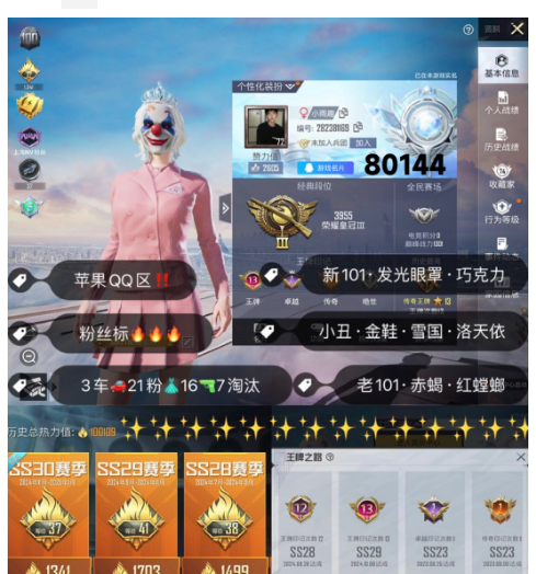 和平精英账号苹果QQ 【素材】编号80144 果Q可改，13印记，新老101，螳螂，都市，金鞋子，小丑，雪国，洛天依，巧克力，放客，赤蝎，2级玛莎，路特斯，玉魂，16特1计数7淘汰，3载具，21粉