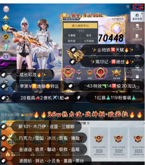 和平精英账号苹果微信 编号70448  果V可改，地铁满天赋，30高印记，满绝世，战神框，4级欧若拉，木乃伊，巡查，三色螳螂，新101，巧克力，金迪迦，雪国，放客，猪妹，洛天依，黑丝，第五大道，小白龙，白勺，满