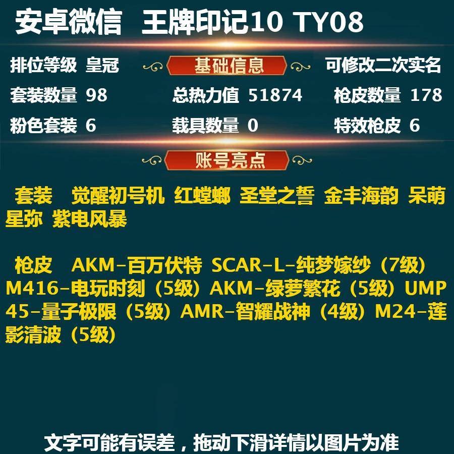 和平精英账号安卓微信TY08-(可二次实名) 安卓V-51874热力值 10王牌印记 历史超级王牌11星 98套装 178枪皮 【1稀有】 AKM-百万伏特 【6粉装】 觉醒初号机 红螳螂 圣堂之誓 金丰海韵 