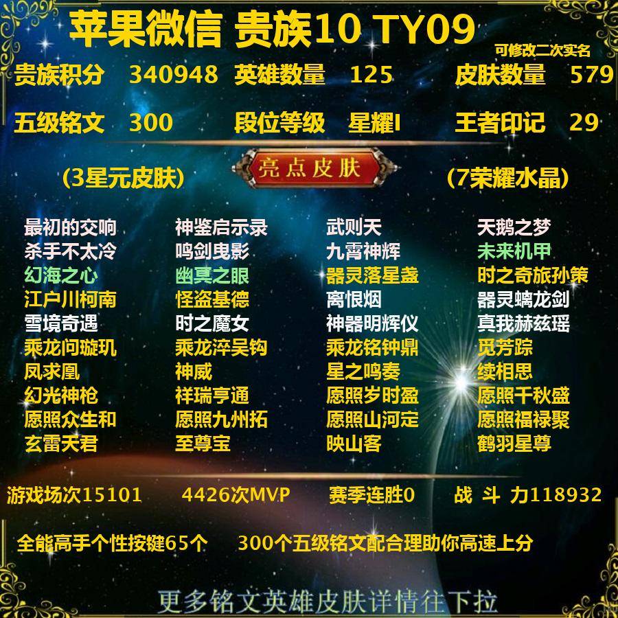 王者荣耀账号苹果VXTY09-苹果v-贵族积分340948-V10-579皮肤-(可二次) 全能高手个性按键65个 317紫星币 91传说 4珍品 器灵落星盏 时之奇旅孙策 江户川柯南 怪盗基德 6无双 离恨烟